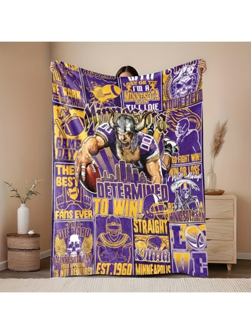 1pc Minnesota Fan Gift Flannel Blanket Purple Yellow Team Colors With Player Graphics Helmet Motivational Slogans Ultra Soft Warm All Season Blanket For Camping Sofa Bed Office