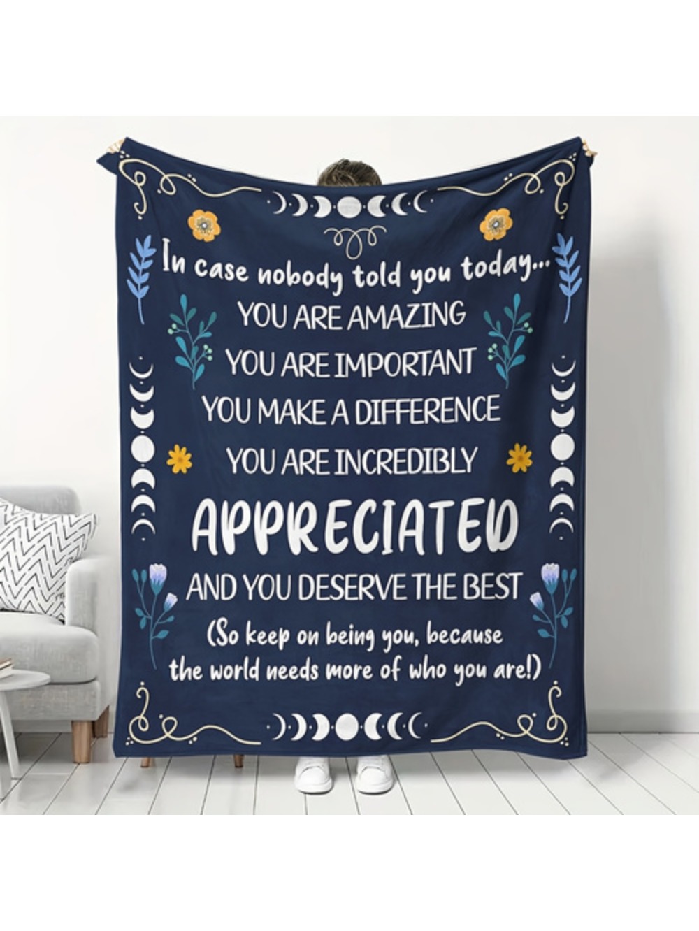 1pc Modern Flannel Blanket With Inspirational Quotes Geometric Floral Design Soft Polyester All Season Machine Washable Bedspread Dark Blue With Vibrant Accents Perfect Gift Fo