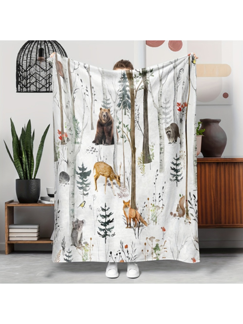 1pc Rustic Fleece Throw Blanket Woodland Bear Moose Print Soft Warm Cozy Sofa Bed Office Blanket All Season Anti Allergen Machine Washable Multi Purpose Digital Print Polyester Cov