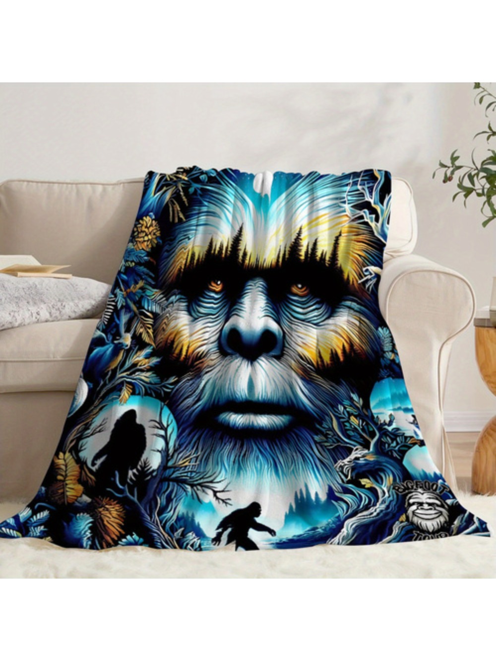1pc Vibrant Cartoon Bigfoot Flannel Throw Blanket Soft Warm And Cozy Polyester Knit With Lush Jungle Design For Sofa Bed Or Office Perfect Gift For Friends And Family All Seasons C