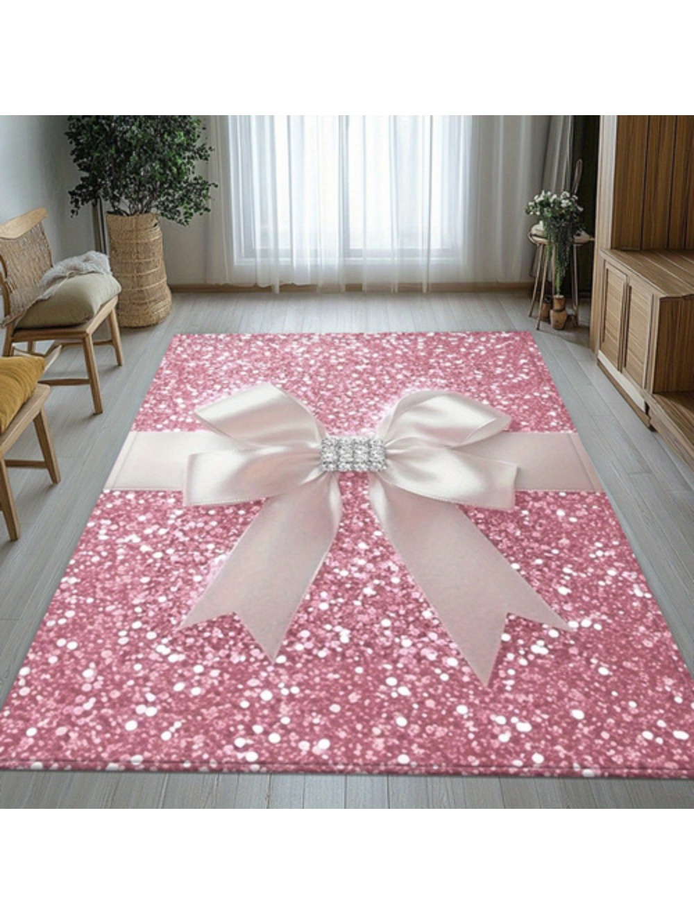800g M2 Christmas Bow Glitter Printed Carpet Non Slip Absorbent Washable Polyester Mat For Bathroom Living Room Office Camping Picnic Festive Holiday Decor With Pink Bow Design