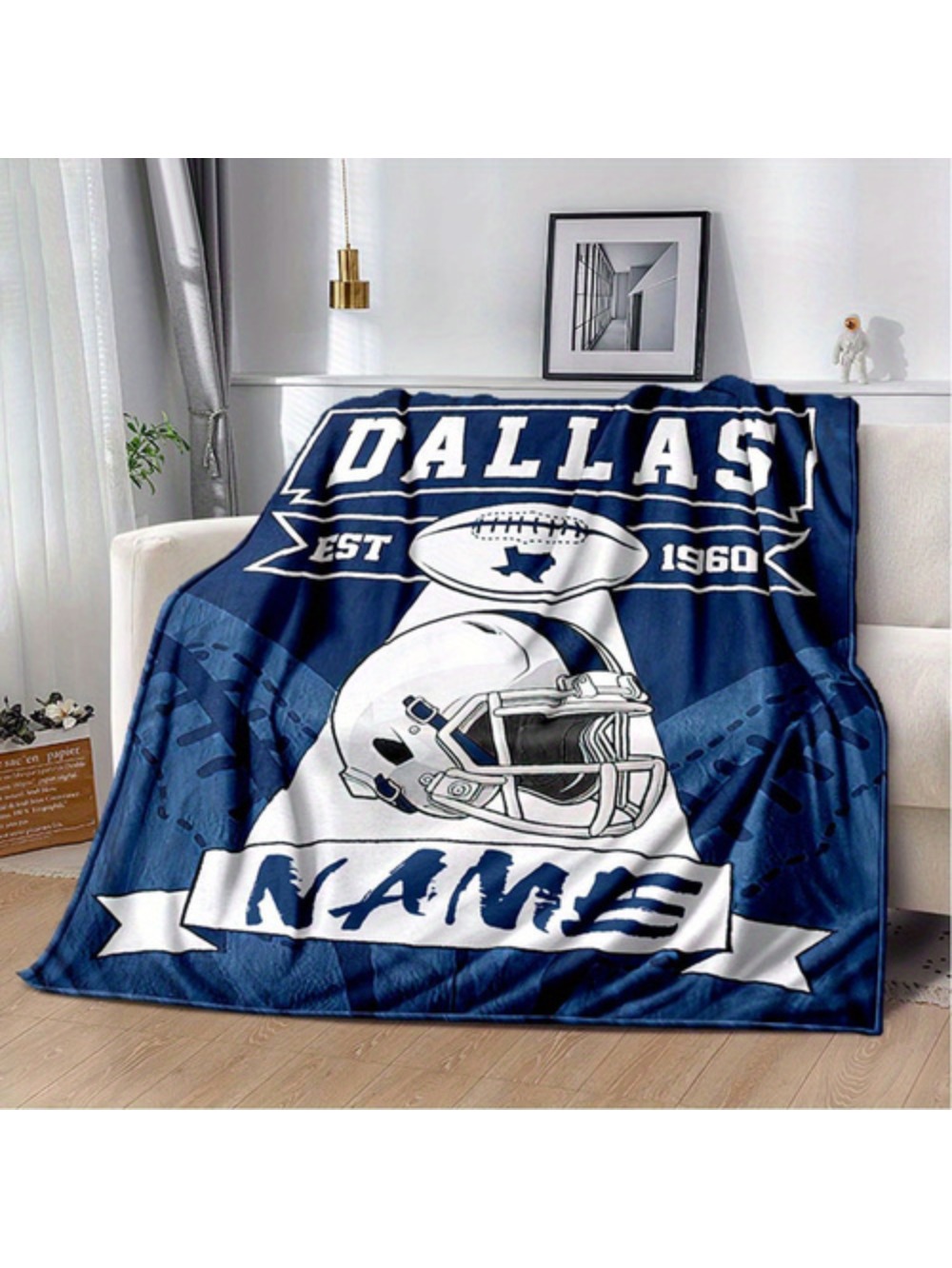 Cozy Dallas Football Blanket 1pc Personalized Navy White Throw Soft Polyester Custom Name Text Gift For Fans Est 1960 Heritage Design Home Comfort Sporty Design Office Decor Contem
